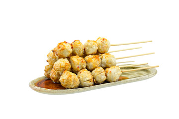 grilled pork ballsskewers on white background