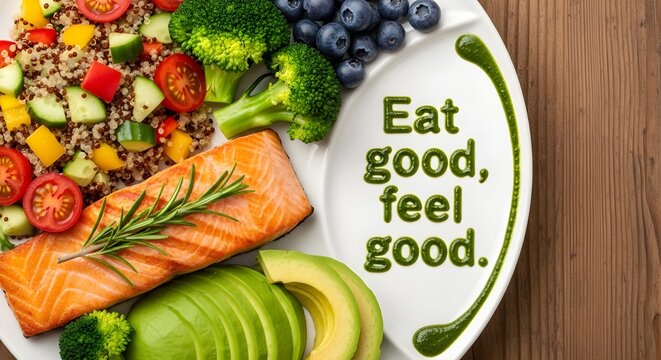 A nutritious meal featuring salmon, quinoa, avocado, broccoli, and blueberries, accompanied by the motivational message eat good, feel good - Powered by Adobe