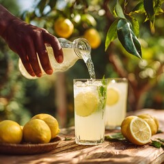 Hands pouring lemonade into glass outdoors, bokeh greenery in background, natural sunlight. High quality photo