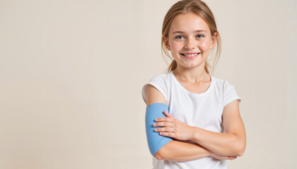 Young girl smiling with a bandage on her arm in casual clothing  