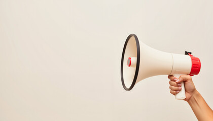 Hand holding megaphone for communication against neutral background  