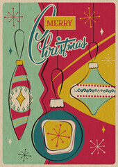 Mid Century Modern Christmas Greeting Card, 1950s - 1960s Postcards Style Illustration, 2026 Merry Christmas Poster. Vintage Colors, Aged Paper Texture