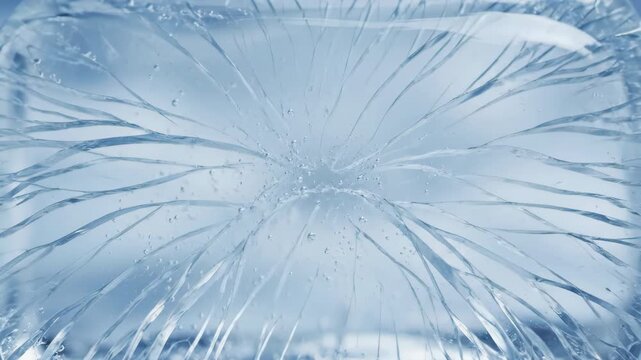 Detailed slow motion of a solid ice block fracturing into intricate cracks surface, transparent, science