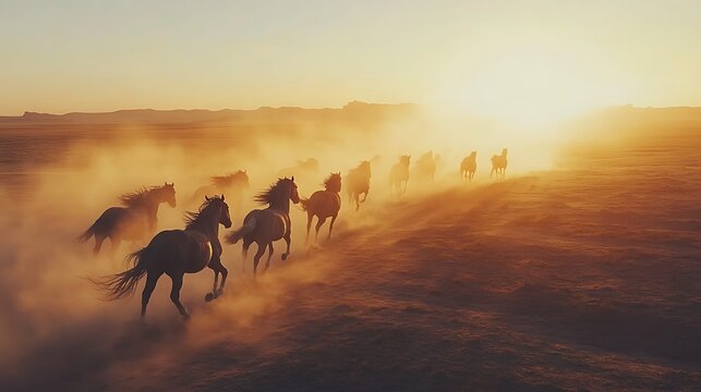 A herd of horses galloping across a dusty plain at sunset in a beautiful golden light landscape scene