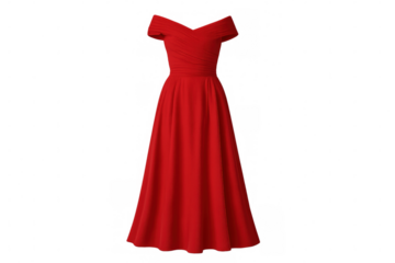 Red off-the-shoulder evening gown with a sweetheart neckline and full skirt, featuring a simple, elegant design. Transparent background