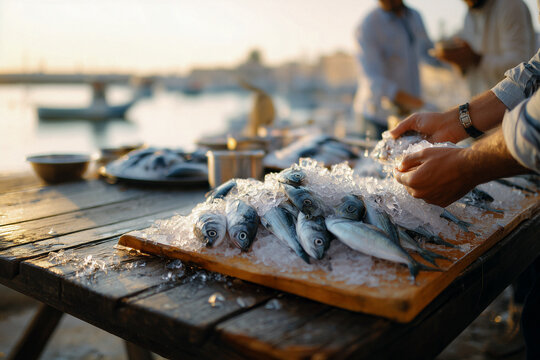 Frischer Fisch auf Eis am Hafenmarkt, authentische maritime Foodfotografie