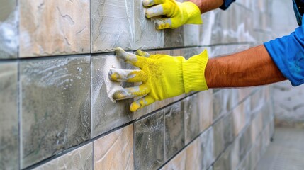 Man Wearing Yellow Gloves Applying Adhesive to Tiles on a Wall in Construction Site