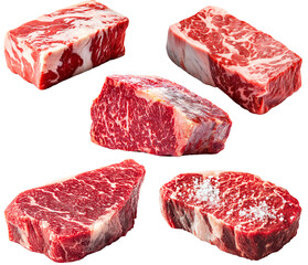 set of raw beef steak, isolated background.