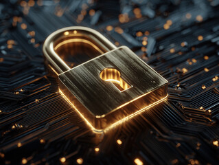 3D illustration of a padlock integrated into an electronic circuit or microchip. Concept of digital security, cybersecurity, and data protection in a high-tech environment.