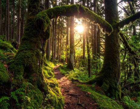 A sunlit forest trail framed by mossy tree branches