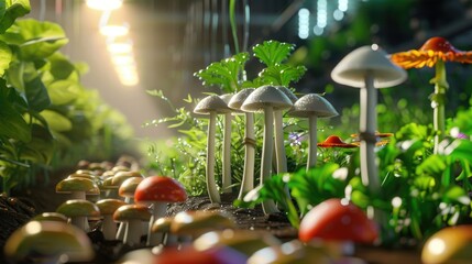 Lush Green Life Among Vibrant Mushrooms and Colorful Flora Illuminated in a Serene Garden Setting