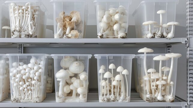 Fresh White Mushrooms Cultivated Organically in Clear Containers on a Metal Shelf