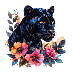 Mysterious black panther portrait with piercing yellow eyes, elegantly framed by soft, colorful watercolor flowers and foliage. wild animal.