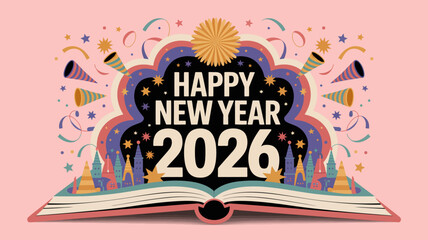 Whimsical open book reveals vibrant happy new year 2026 celebration with confetti and party horns against a soft pink background