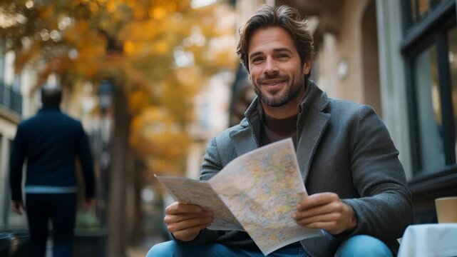 A handsome smiling tourist reading a map in a cinematic autumn city, a perfect video for travel and lifestyle advertising.