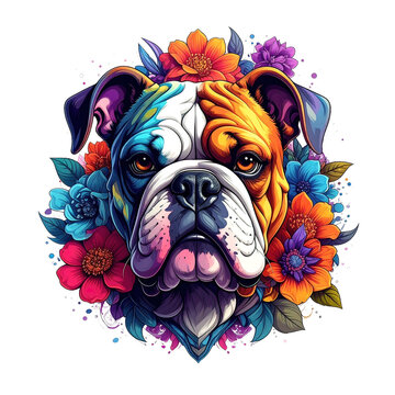 Pop art style bulldog head in vivid colors with a cheerful expression, surrounded by a bright, lush wreath of diverse flowers. Pet.