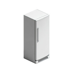 Isometric view of a tall, modern refrigerator, rendered in shades of white and gray