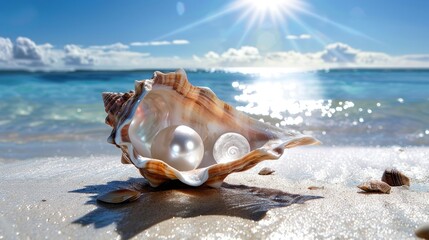 Beautiful seashell with pearls on sandy beach under a bright sun with gentle waves and sparkling ocean in the background