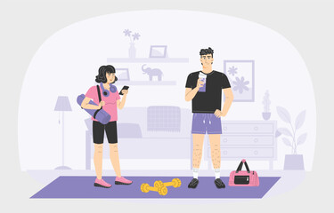 Couple in Home Gym with Yoga Mat and Dumbbells