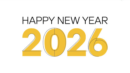 Happy new year 2026 text with bold golden numbers on a clean white background celebrating the upcoming year