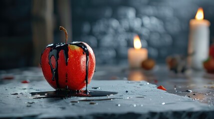Glazed Red Apple with Dark Drizzle on Slate Surface Surrounded by Flickering Candles and Mystical Atmosphere