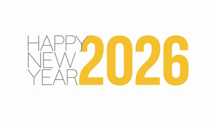 Happy new year 2026 text in bold yellow font with a modern minimalist design on a white background