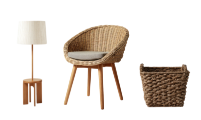 Interior arrangement with a floor lamp, wicker chair, and woven basket against a black background