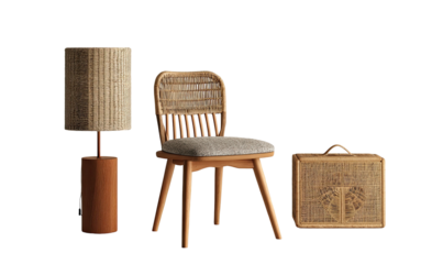 Arrangement of furniture against a black background. Lamp, chair, and suitcase