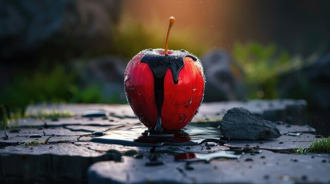 Red apple with black liquid dripping on wooden surface in soft light with water droplets and green background - Powered by Adobe