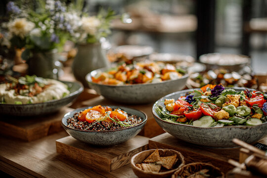 Mediterranes Buffet mit frischen Salaten und Dips, authentische Foodfotografie in nat&uuml;rlichem Licht
