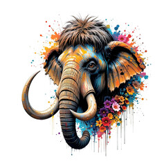 Vibrant mammoth portrait with large tusks, covered in paint splatter and crowned with a lush wreath of colorful flowers.