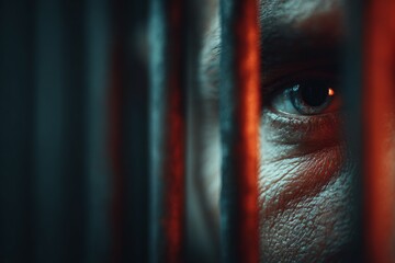 Man's eye revealing emotions of despair and confinement behind prison bars