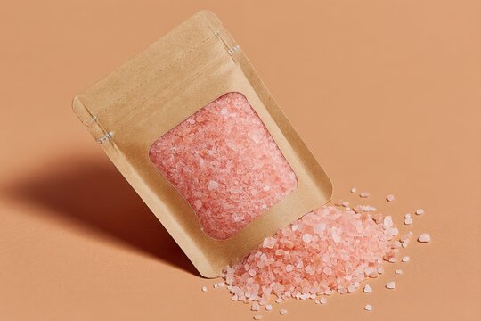 Gourmet pink Himalayan sea salt in eco-friendly packaging spilling onto a pastel surface showcasing natural crystal textures and the essence of culinary elegance in a minimalist style