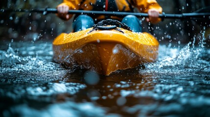 A spirited kayaker propels through sparkling water, embraced by lush greenery