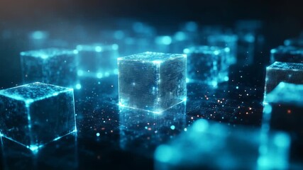 A futuristic network of glowing digital blocks representing blockchain technology, a cinematic video perfect for fintech and crypto. - Powered by Adobe