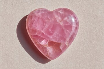 Heart-shaped rose quartz crystal symbolizing love and compassion under natural light showcasing translucence and detailed texture in a serene minimalistic backdrop