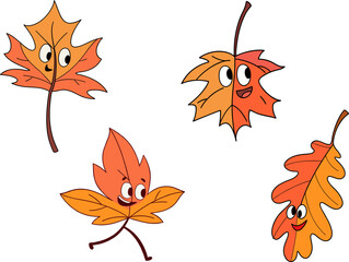 Cute Cartoon Autumn Leaves Set - Funny Fall Leaf Characters Vector Illustration

