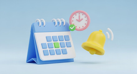 3d illustration of a desk calendar with a highlighted date next to a ringing bell and a clock