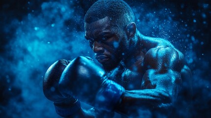 A determined boxer showcases his strength and focus during an intense training session, enveloped in blue hues