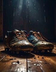 Dirty soccer cleats on wooden floor, rain