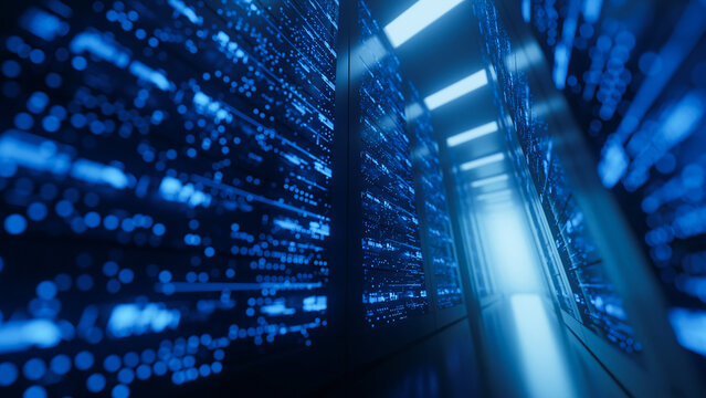 Big data center server racks hardware data network host room storage systems technology. 3d rendering.