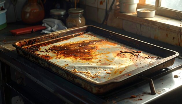 Dirty, used baking sheet on stove