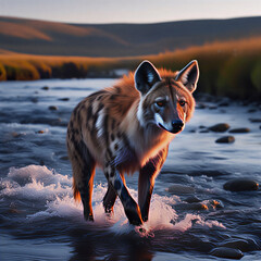 川を歩くハイエナ