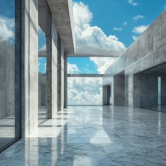 Fototapeta premium a minimalist concrete and marble corridor extends toward a bright blue sky filled with fluffy white clouds, creating a sense of spaciousness and serene architectural design.