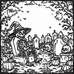 Skeleton wearing witch hat resting in graveyard on halloween