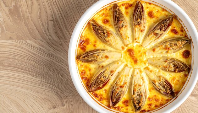 Chicon au gratin endive, ham, cheese, overhead