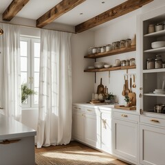 a bright and airy farmhouse kitchen features white cabinetry, open wooden shelving, and sheer curtains framing a window, illuminated by natural light and accented with rustic wooden details.