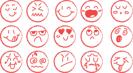 Hand drawn crayon emotion faces set mood icons happy sad mad crying love fun