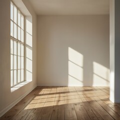 a sunlit, empty room with warm wooden floors and stark white window frames casts geometric shadows across the beige walls.