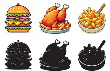  Vector image of fast food set and shilhouttes on white background